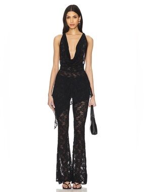 Superdown Revolve Colson Black Lace Asymmetric Tunic Top Pants 2 Piece Set NWT